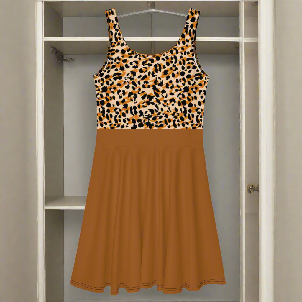 Brown Mini Flare Dress With Cheetah Print